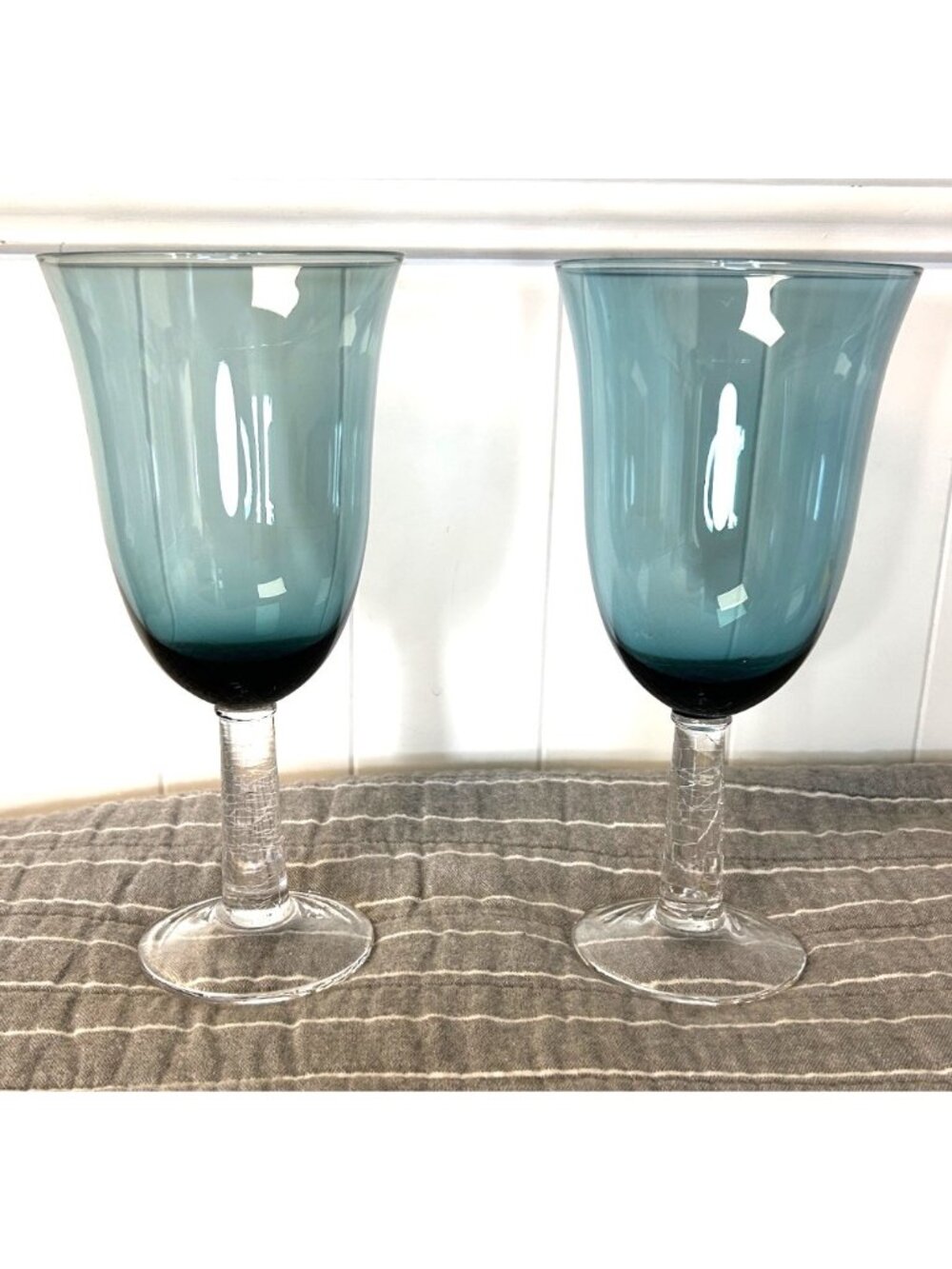 Vintage Gorham Blue Crystal Tea Water Goblets Glasses Crackle Stem Set Of Two 8" - Picture 6 of 8